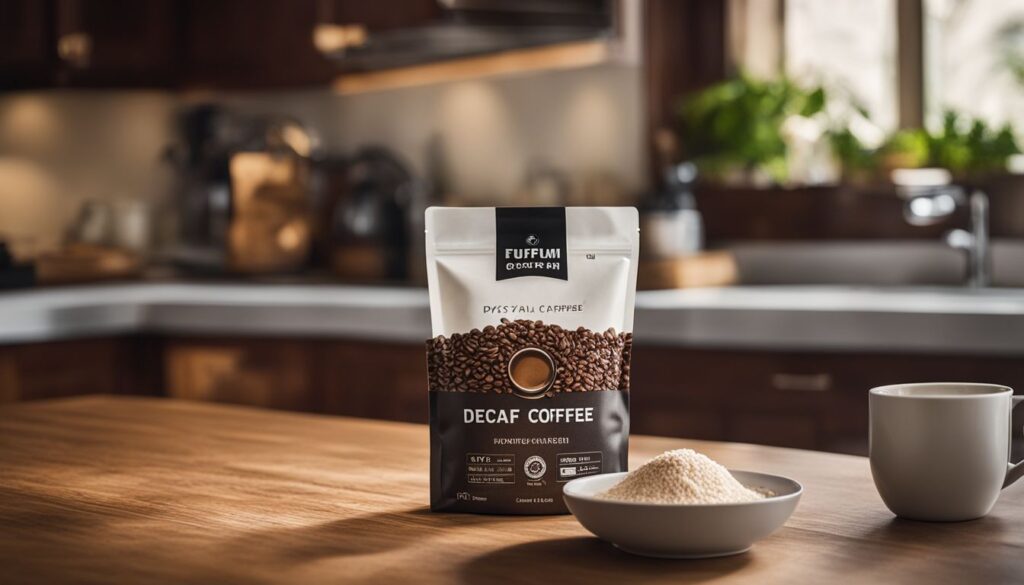 A bag of decaf coffee beans and a cup of decaf coffee on a kitchen countertop