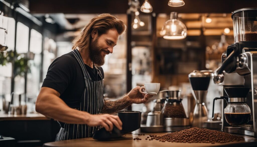 A barista pouring decaf coffee in a bustling coffee shop